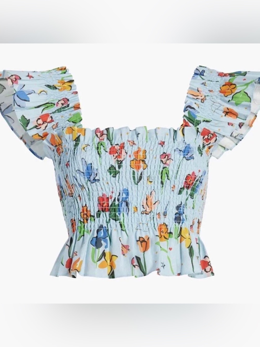 HILL HOUSE Paz Linen Crop Top in Light Blue Space Floral